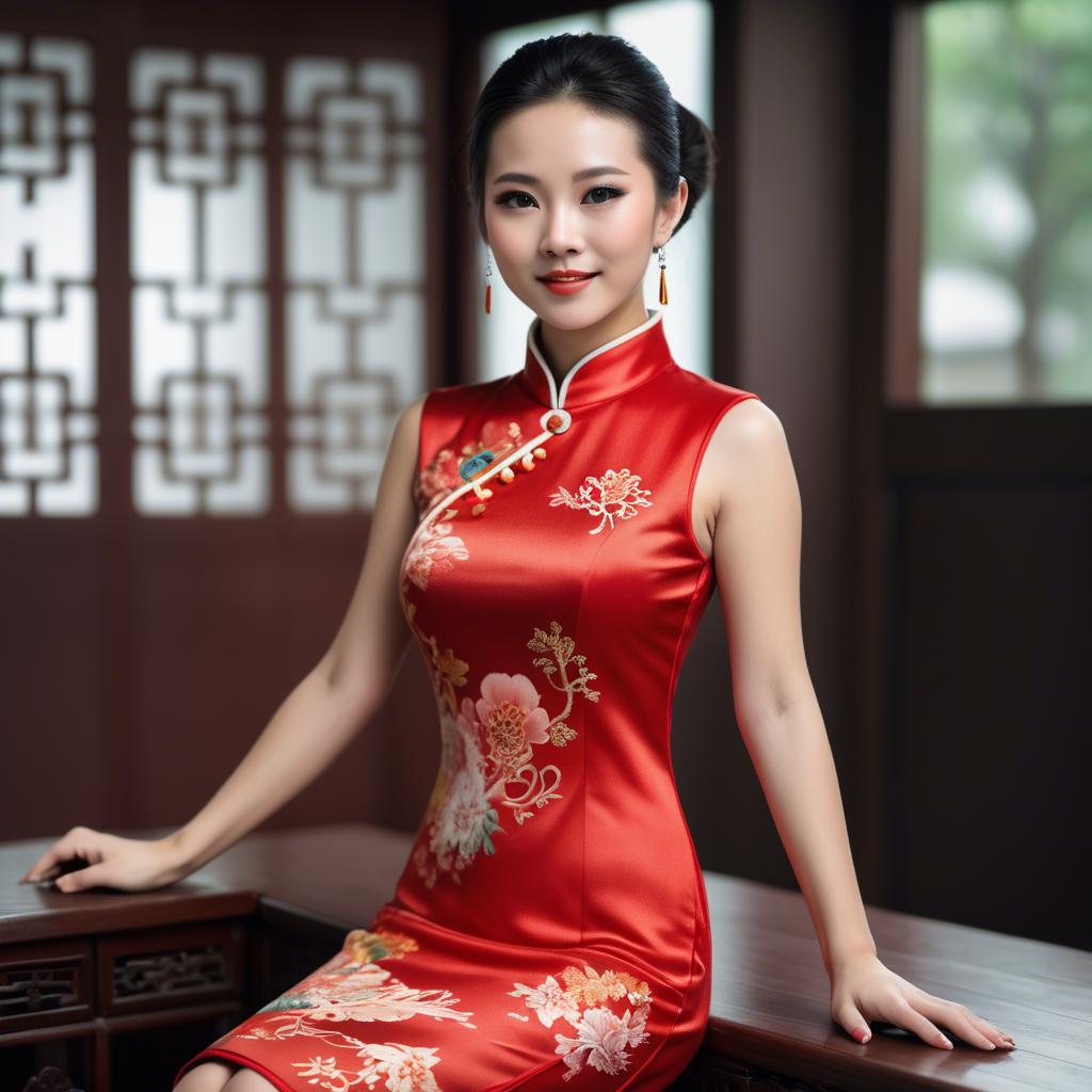 A stunning image of beautiful chinese woman posing in a cheongsam.