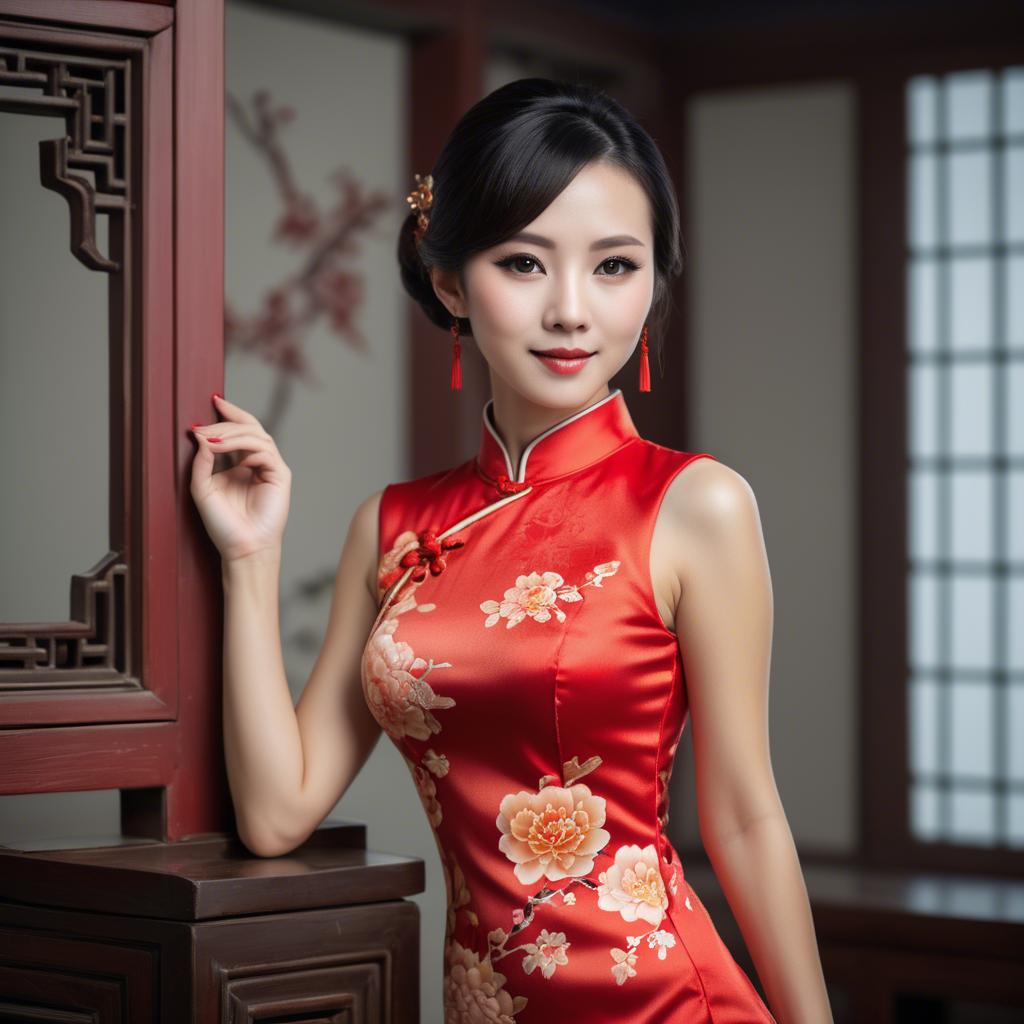 A stunning image of beautiful chinese woman posing in a cheongsam.