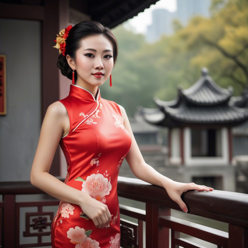 A stunning image of beautiful chinese woman posing in a cheongsam.