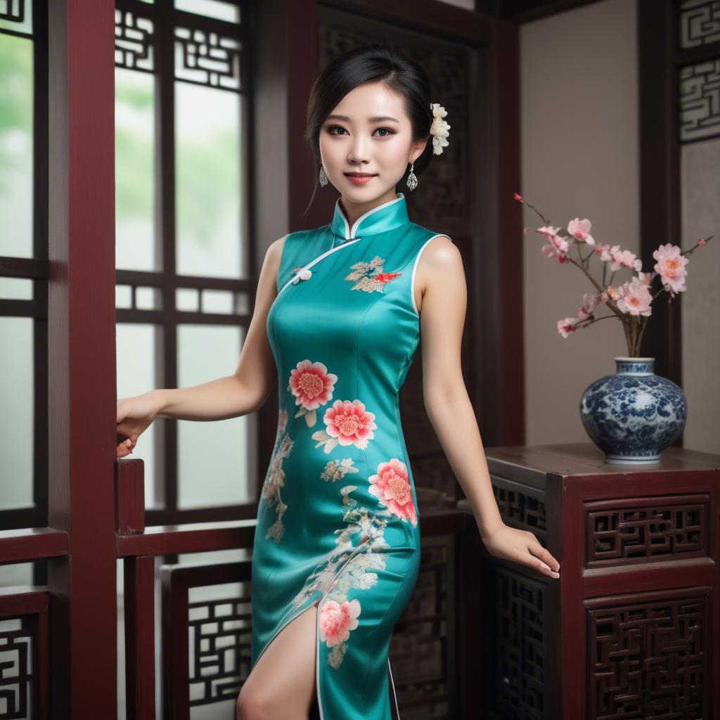 A stunning image of beautiful chinese woman posing in a cheongsam.