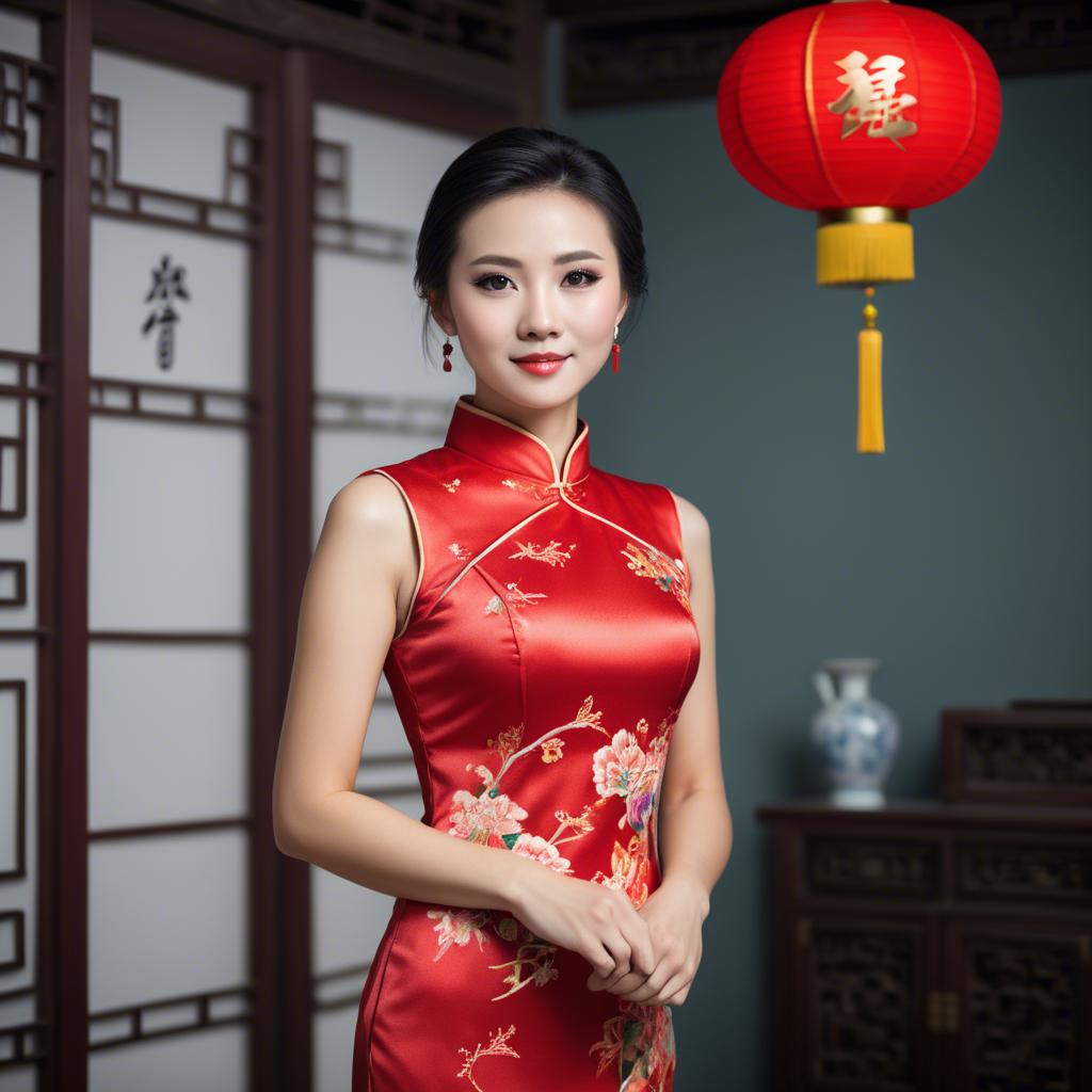 A stunning image of beautiful chinese woman posing in a cheongsam.