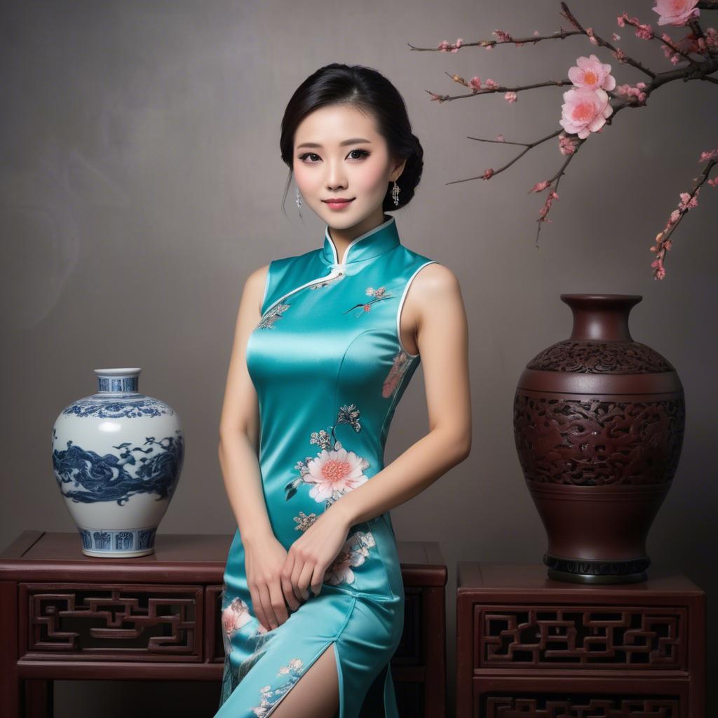 A stunning image of beautiful chinese woman posing in a cheongsam.