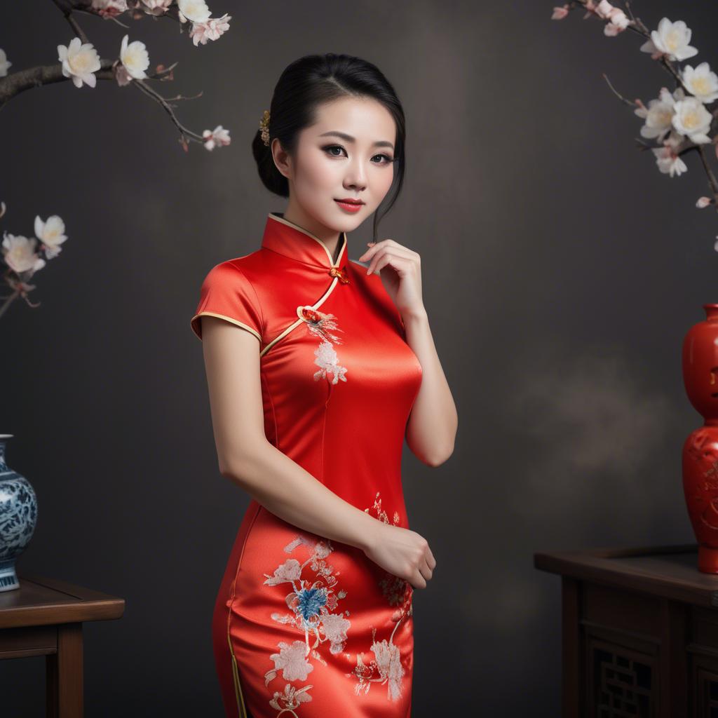 A stunning image of beautiful chinese woman posing in a cheongsam.