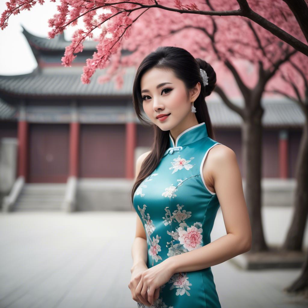 A stunning image of beautiful chinese woman posing in a cheongsam.