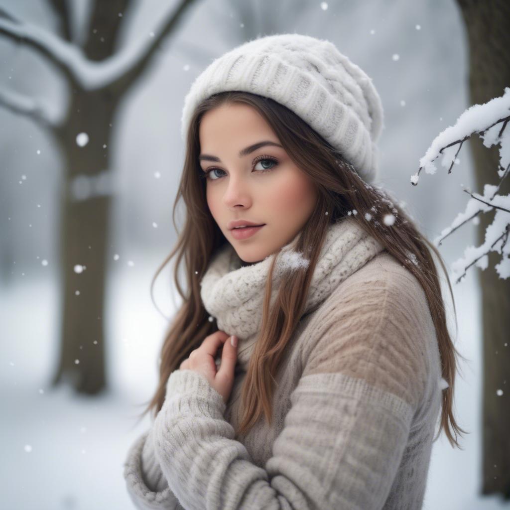A stunning image of beautiful girl in a soft, snowy winter scene.