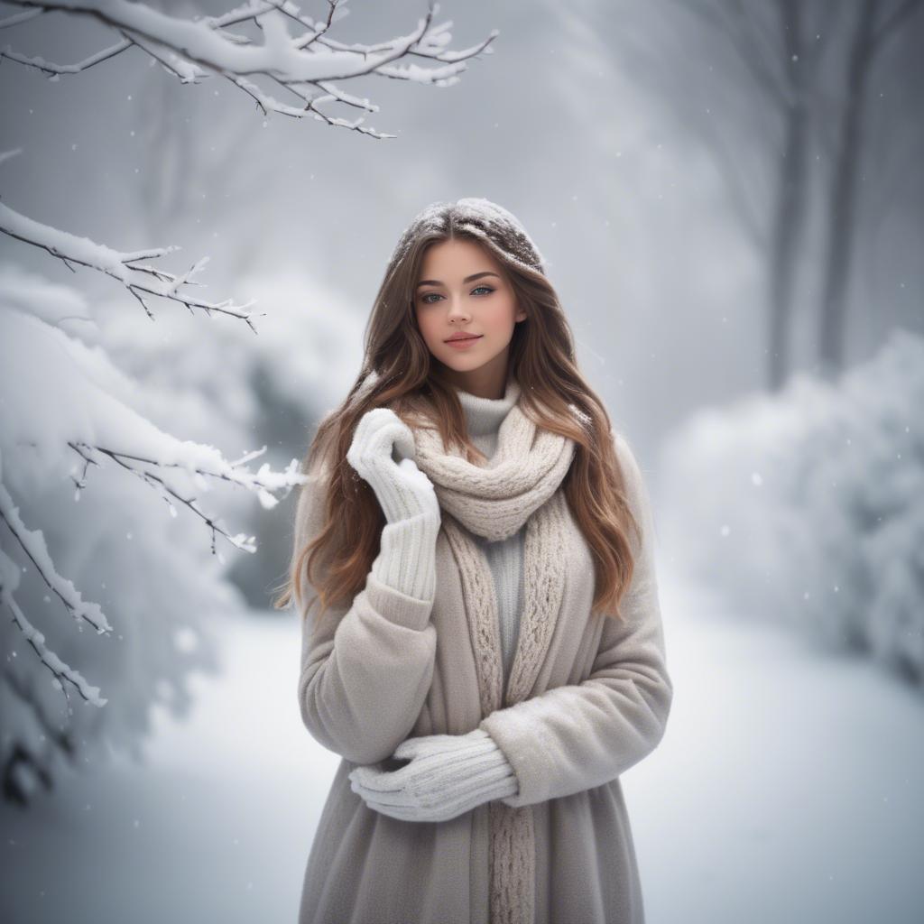 A stunning image of beautiful girl in a soft, snowy winter scene.