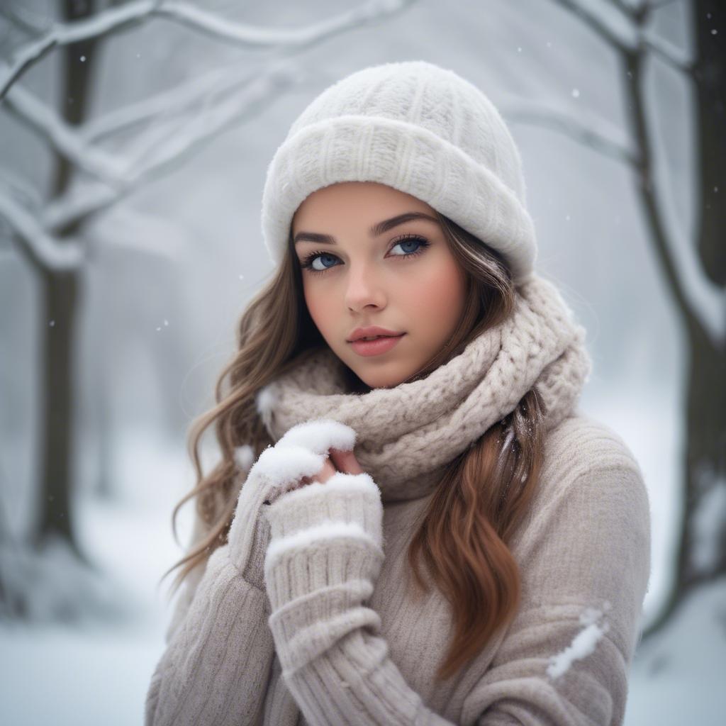 A stunning image of beautiful girl in a soft, snowy winter scene.