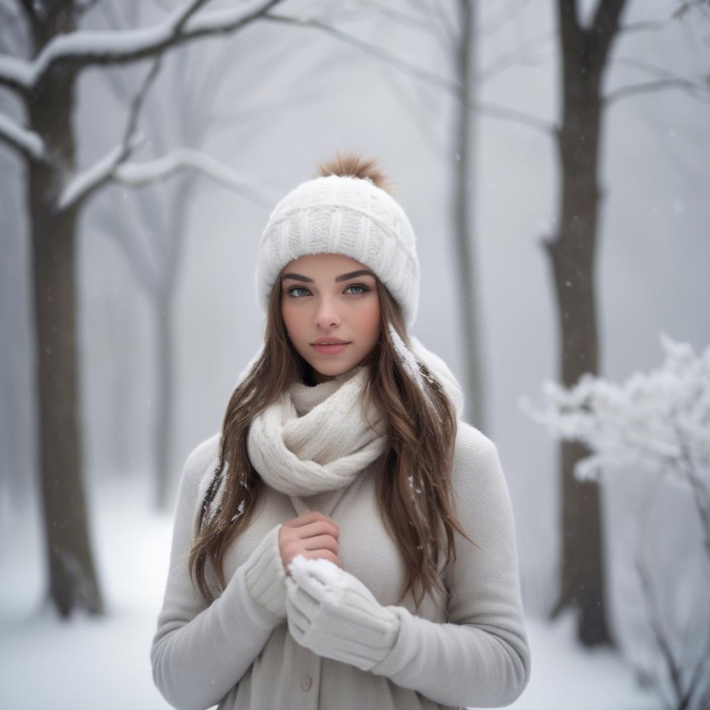 A stunning image of beautiful girl in a soft, snowy winter scene.