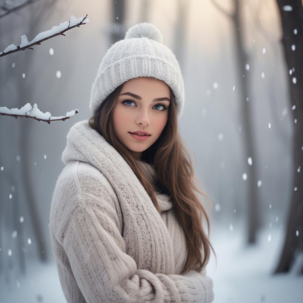 A stunning image of beautiful girl in a soft, snowy winter scene.