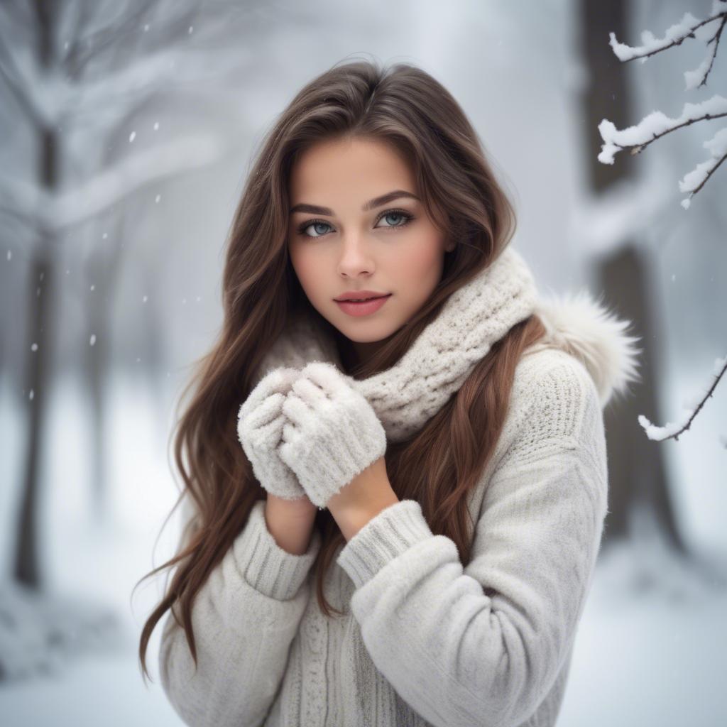 A stunning image of beautiful girl in a soft, snowy winter scene.