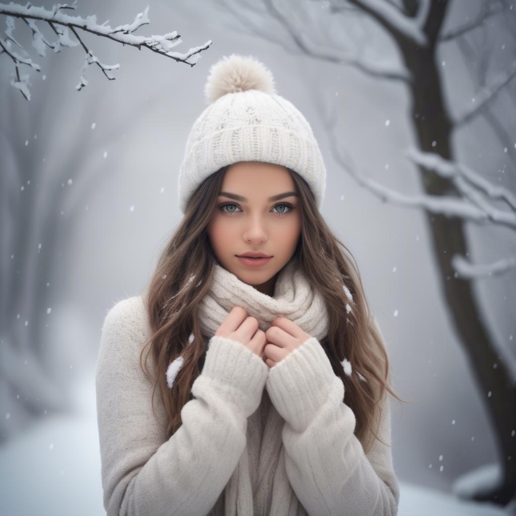 A stunning image of beautiful girl in a soft, snowy winter scene.