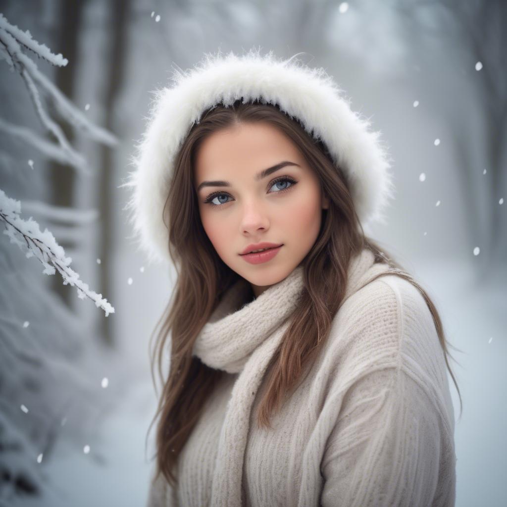 A stunning image of beautiful girl in a soft, snowy winter scene.