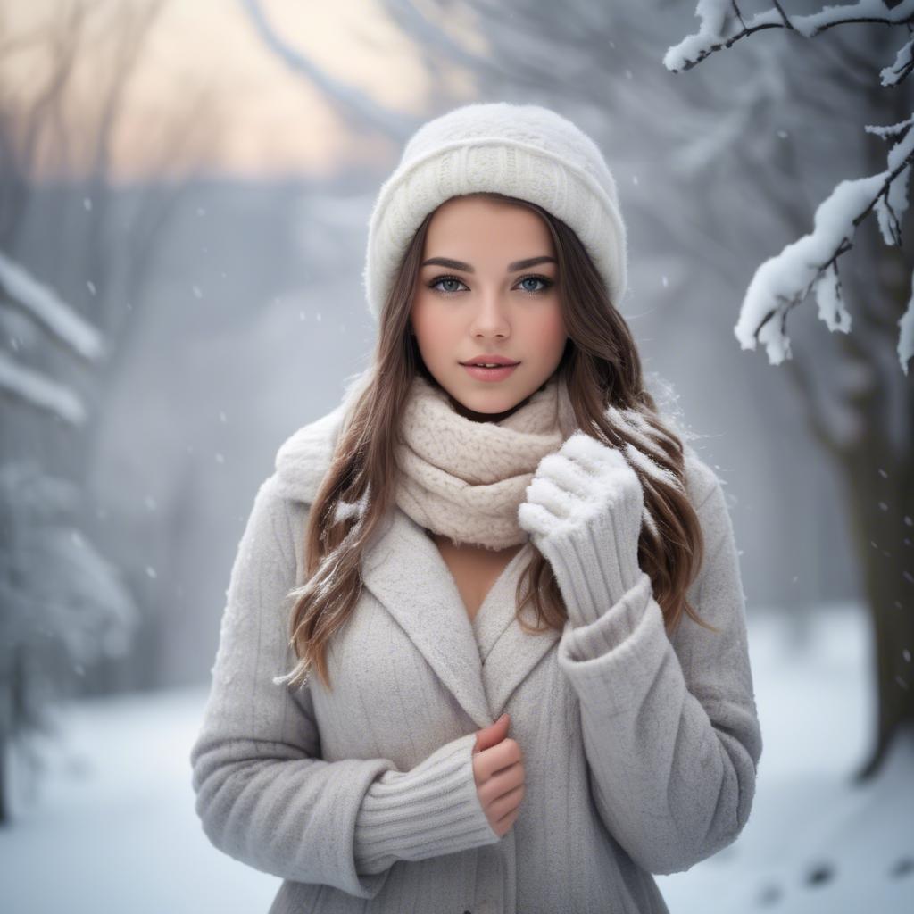 A stunning image of beautiful girl in a soft, snowy winter scene.