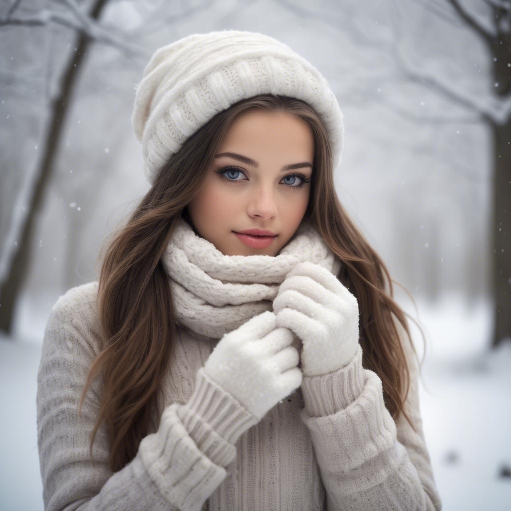 A stunning image of beautiful girl in a soft, snowy winter scene.