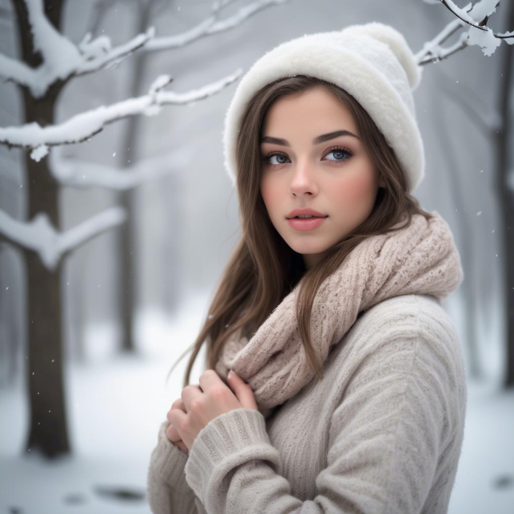 A stunning image of beautiful girl in a soft, snowy winter scene.