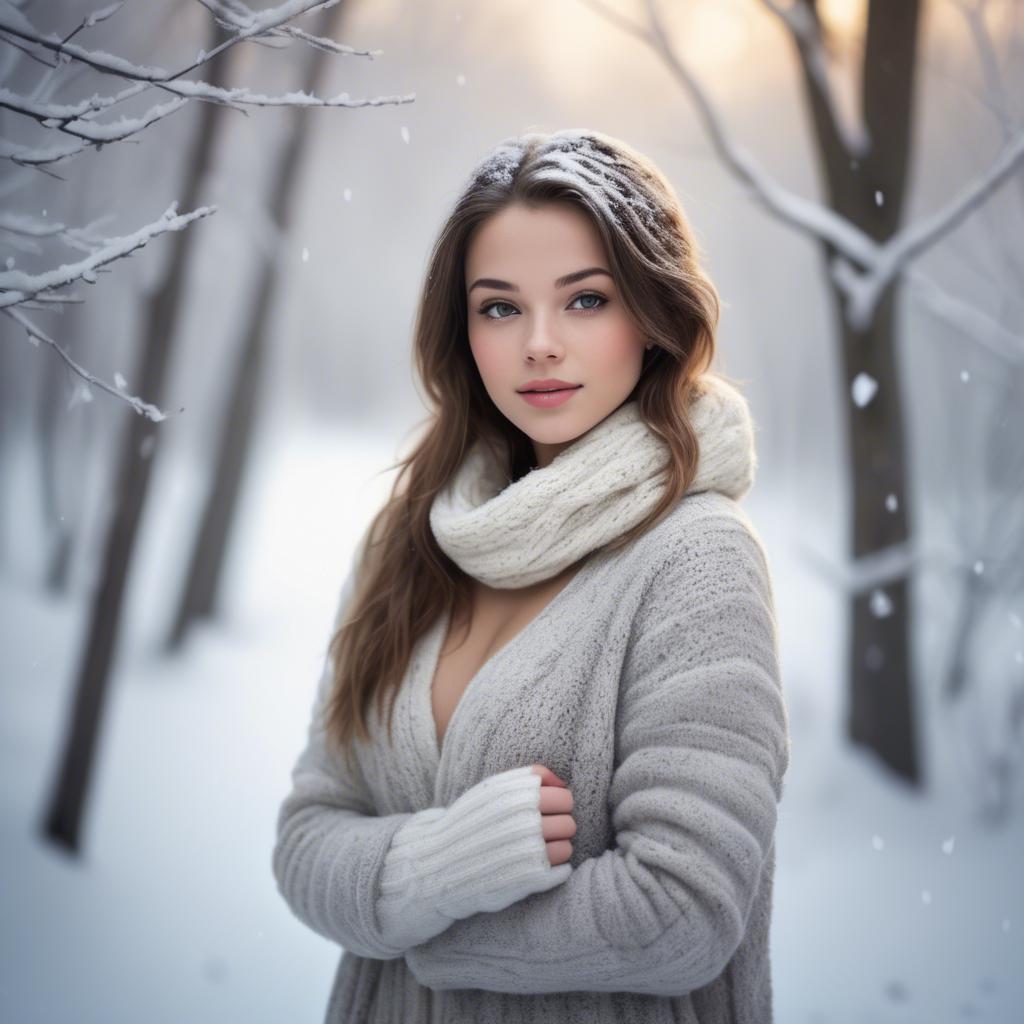 A stunning image of beautiful girl in a soft, snowy winter scene.