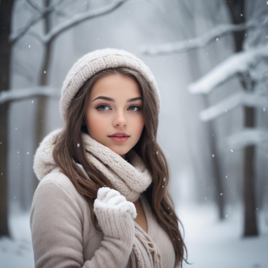 A stunning image of beautiful girl in a soft, snowy winter scene.