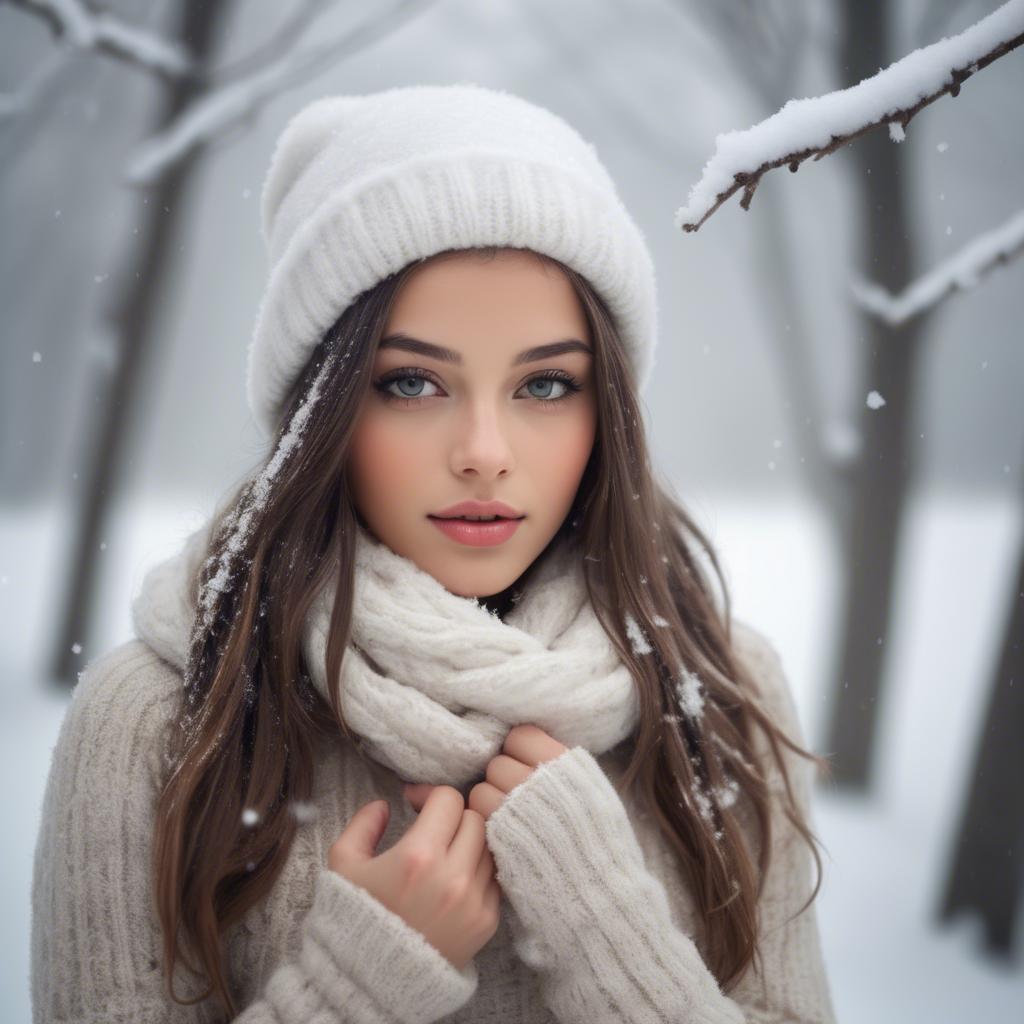 A stunning image of beautiful girl in a soft, snowy winter scene.