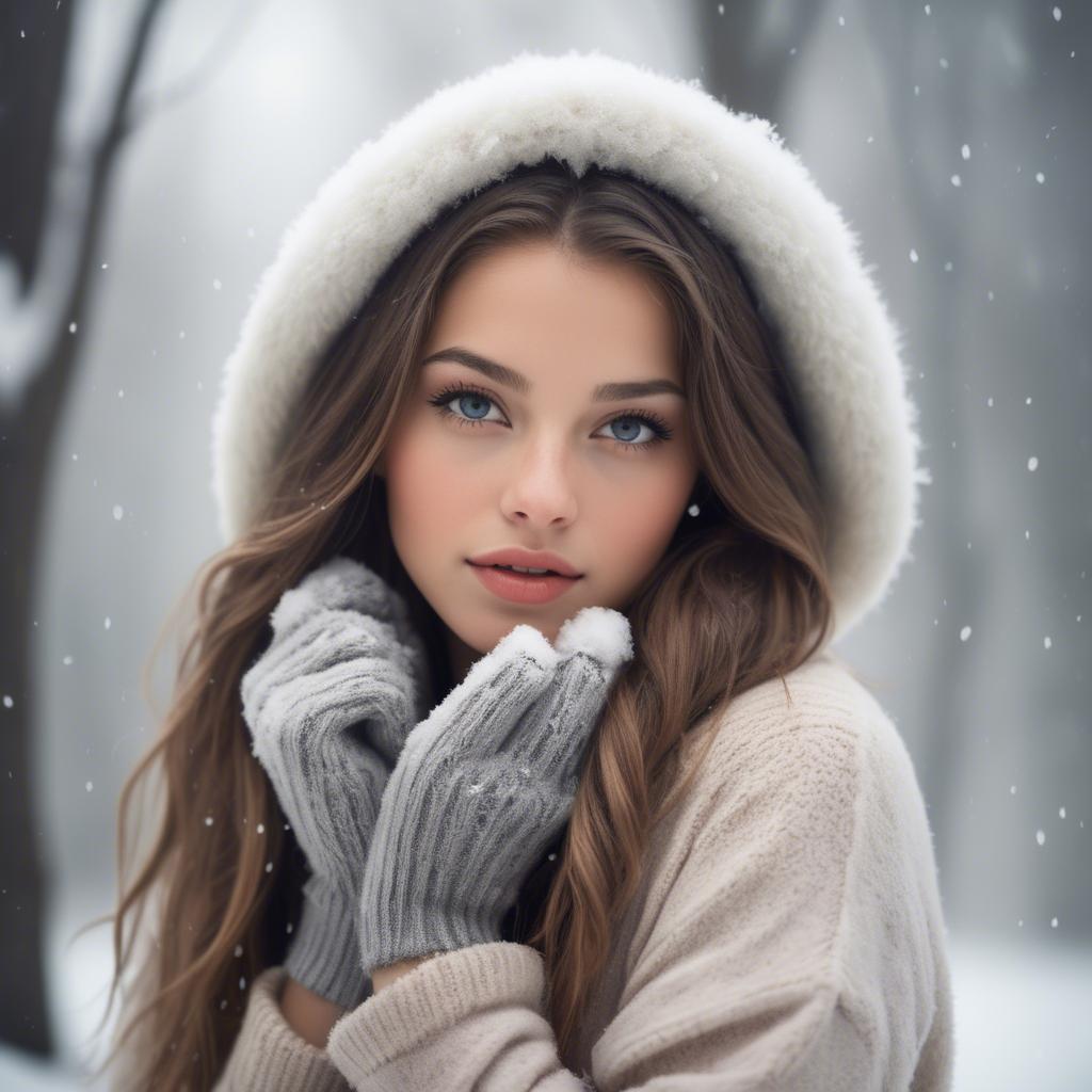 A stunning image of beautiful girl in a soft, snowy winter scene.