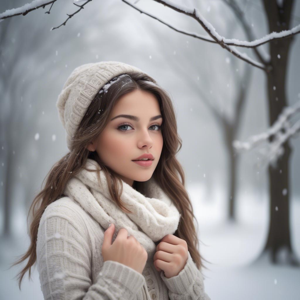 A stunning image of beautiful girl in a soft, snowy winter scene.