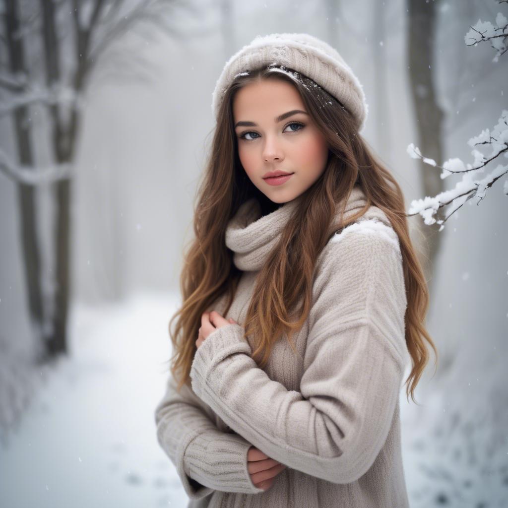 A stunning image of beautiful girl in a soft, snowy winter scene.