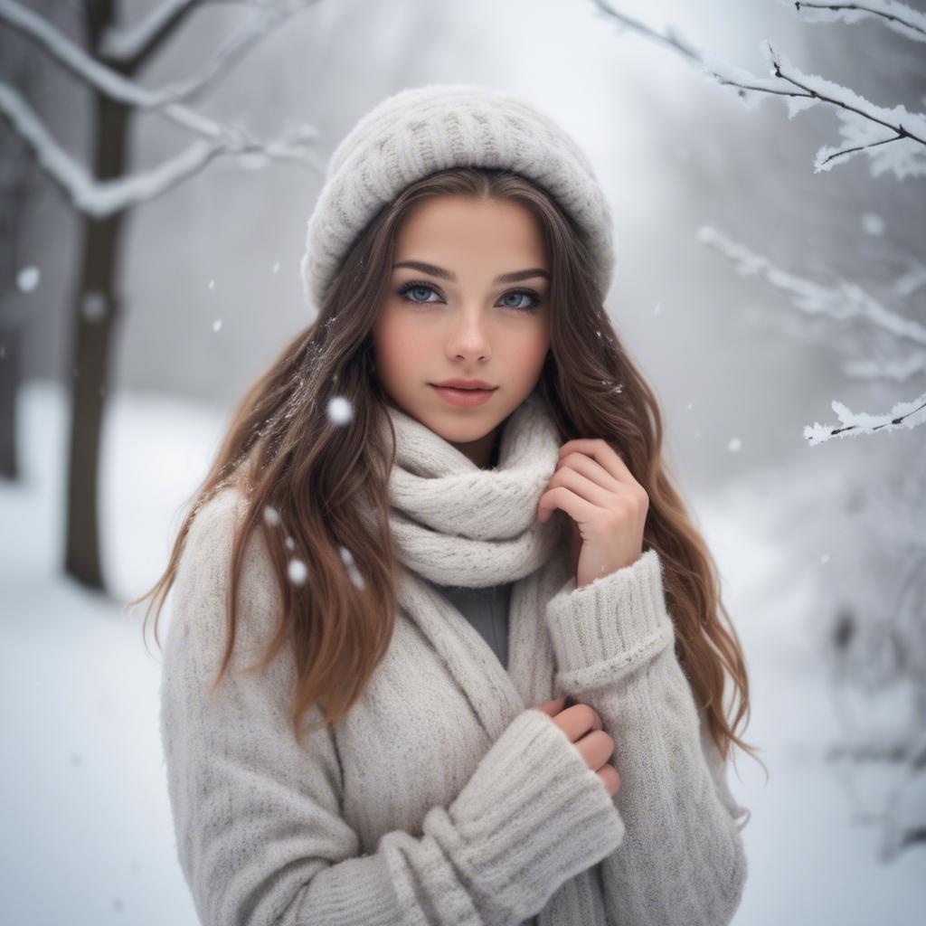 A stunning image of beautiful girl in a soft, snowy winter scene.