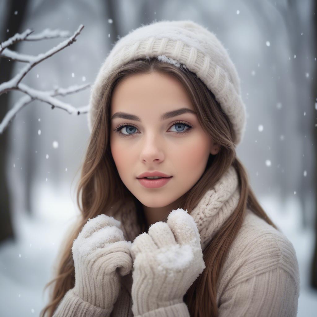 A stunning image of beautiful girl in a soft, snowy winter scene.
