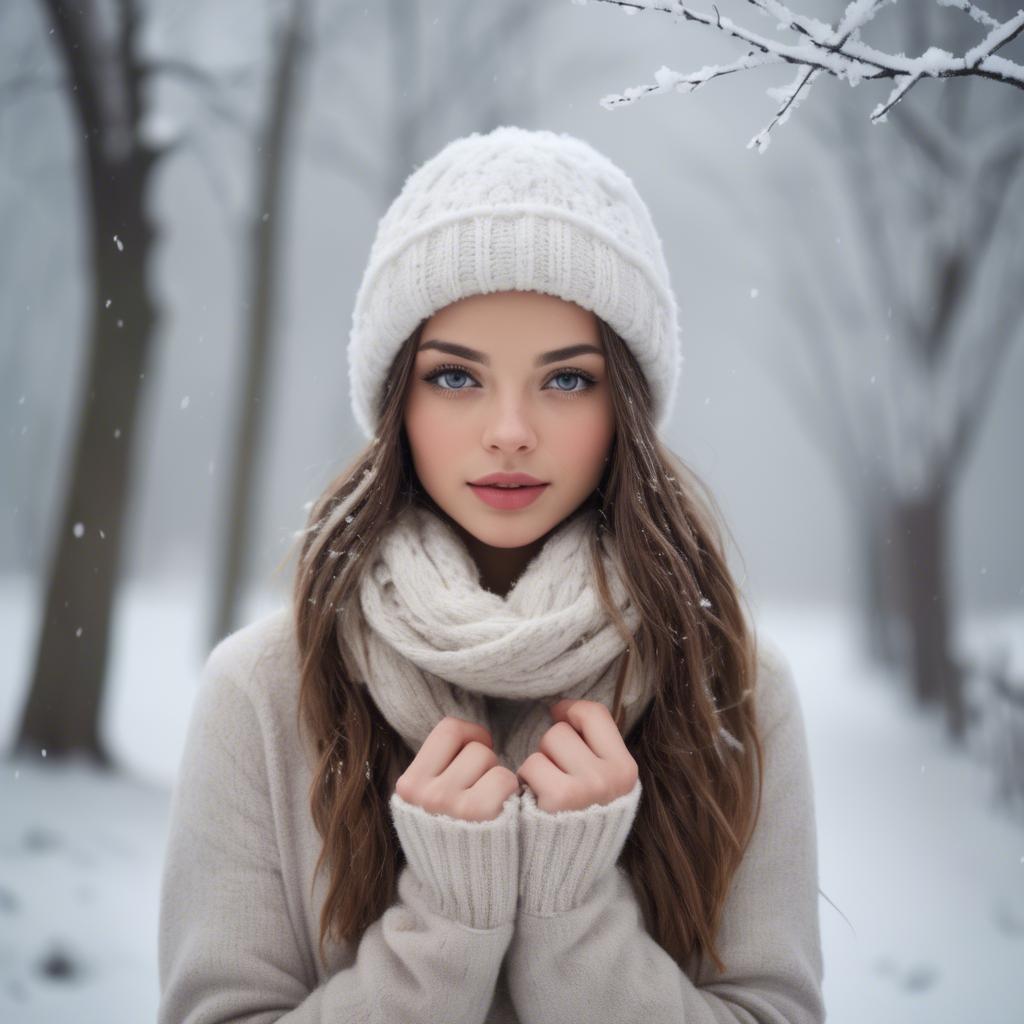 A stunning image of beautiful girl in a soft, snowy winter scene.