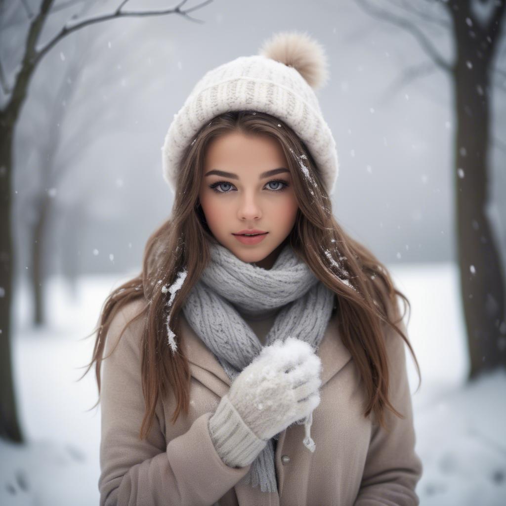 A stunning image of beautiful girl in a soft, snowy winter scene.
