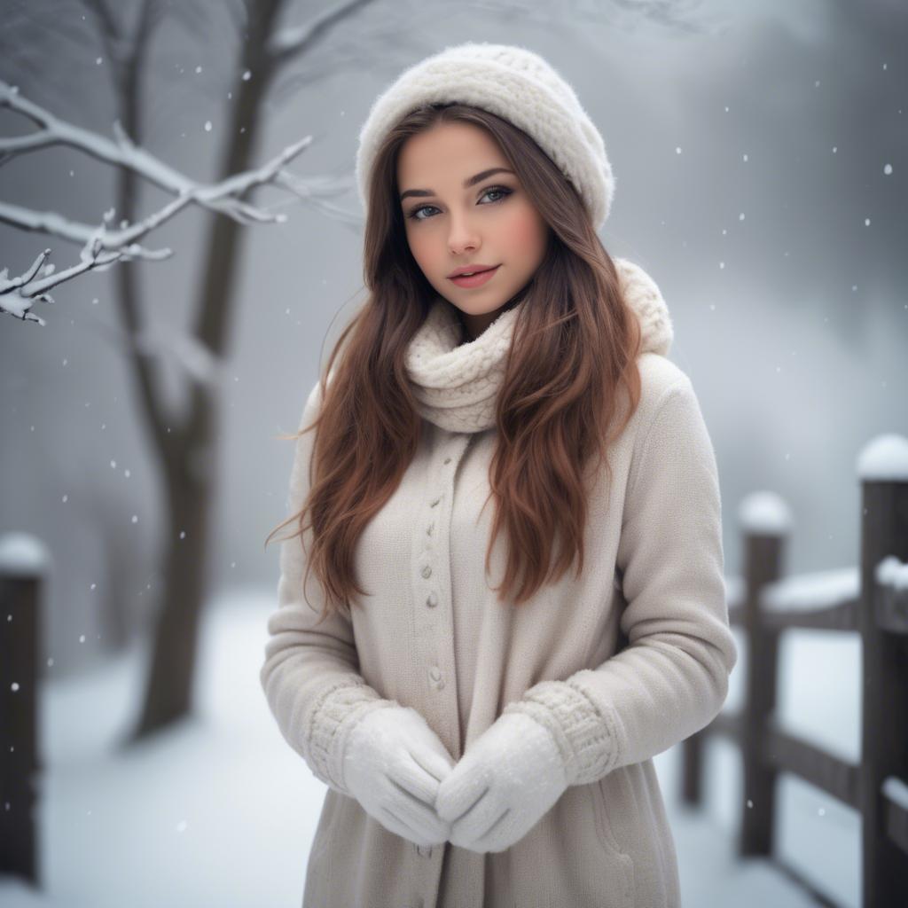 A stunning image of beautiful girl in a soft, snowy winter scene.