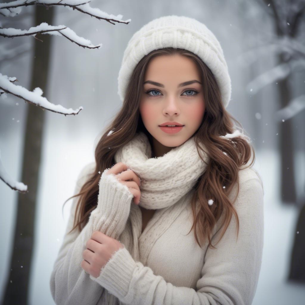 A stunning image of beautiful girl in a soft, snowy winter scene.