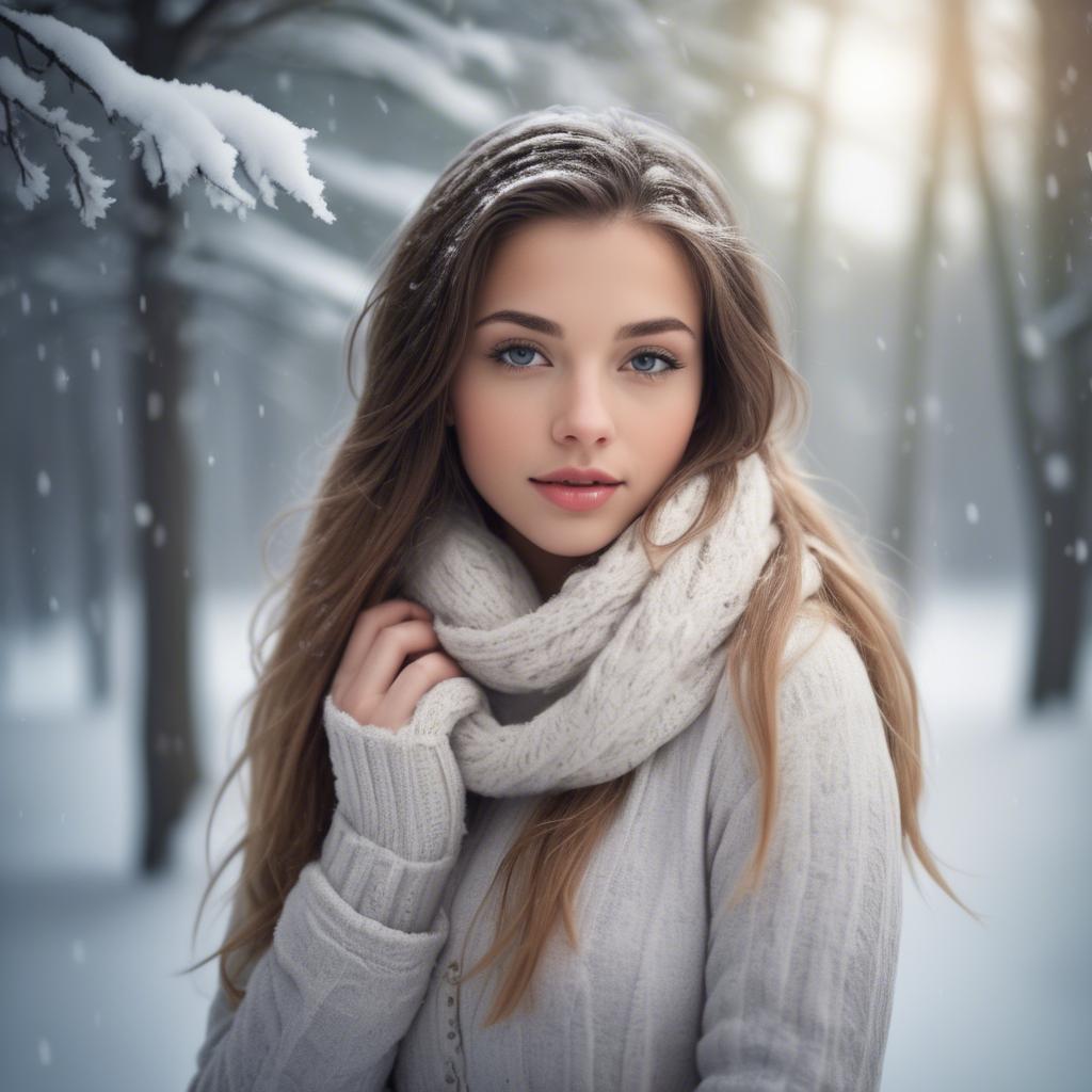 A stunning image of beautiful girl in a soft, snowy winter scene.