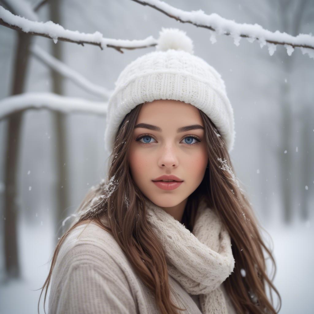 A stunning image of beautiful girl in a soft, snowy winter scene.