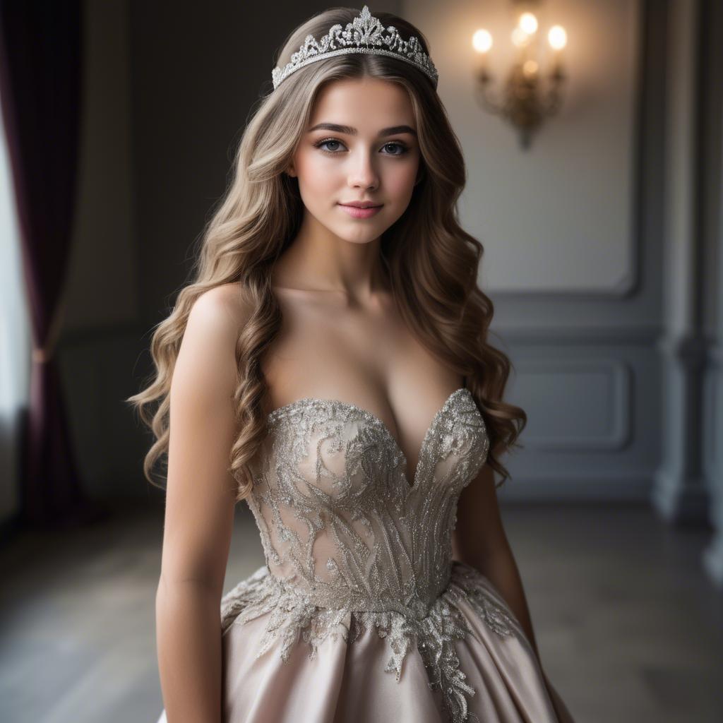 A stunning image of beautiful girl with a tiara and a flowing gown.