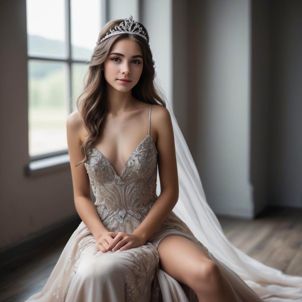 A stunning image of beautiful girl with a tiara and a flowing gown.