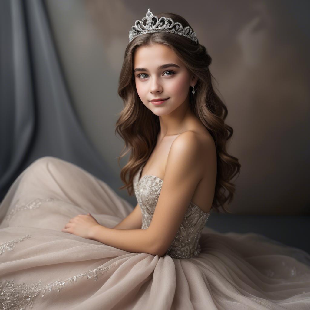 A stunning image of beautiful girl with a tiara and a flowing gown.