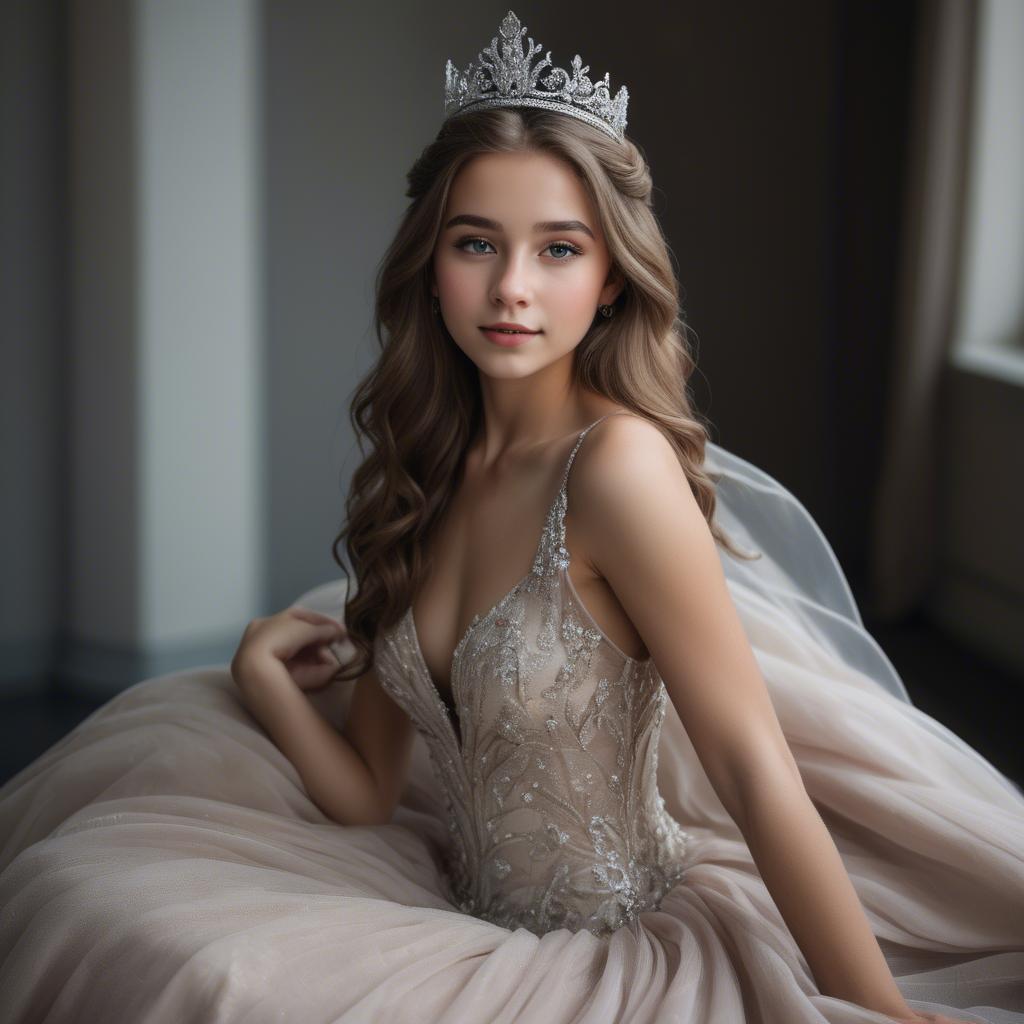 A stunning image of beautiful girl with a tiara and a flowing gown.