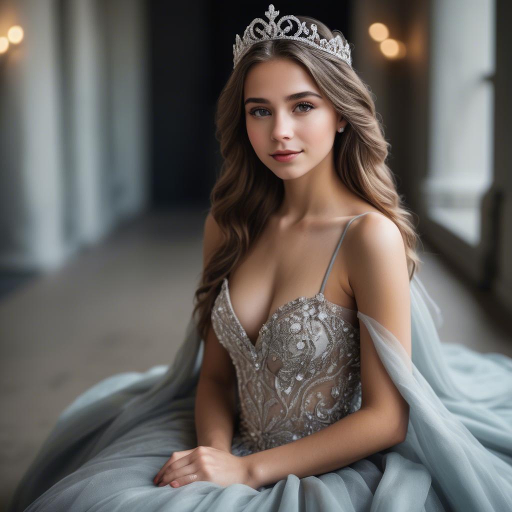 A stunning image of beautiful girl with a tiara and a flowing gown.