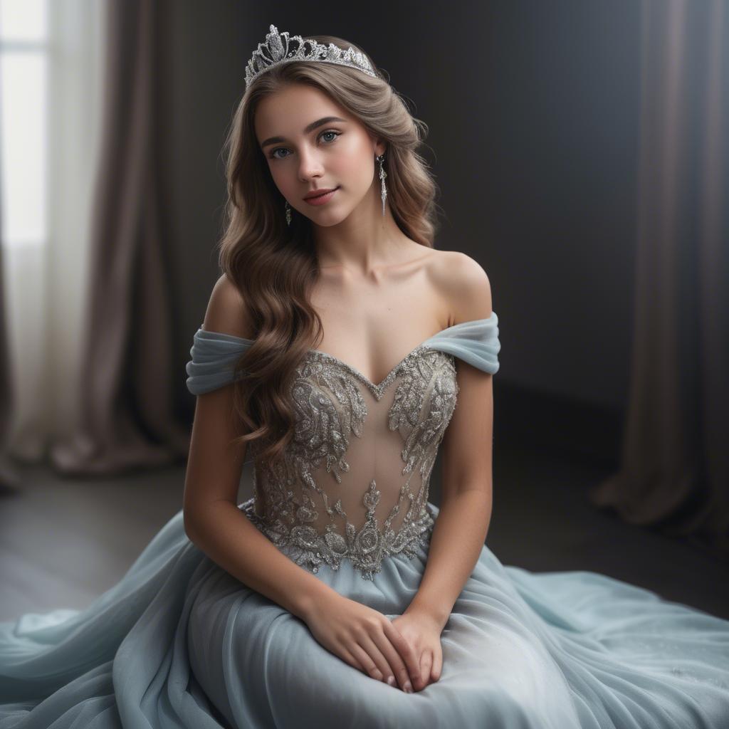 A stunning image of beautiful girl with a tiara and a flowing gown.
