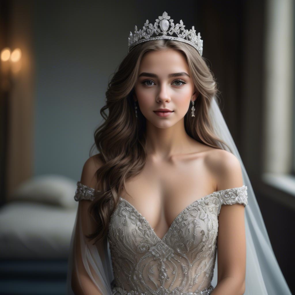 A stunning image of beautiful girl with a tiara and a flowing gown.