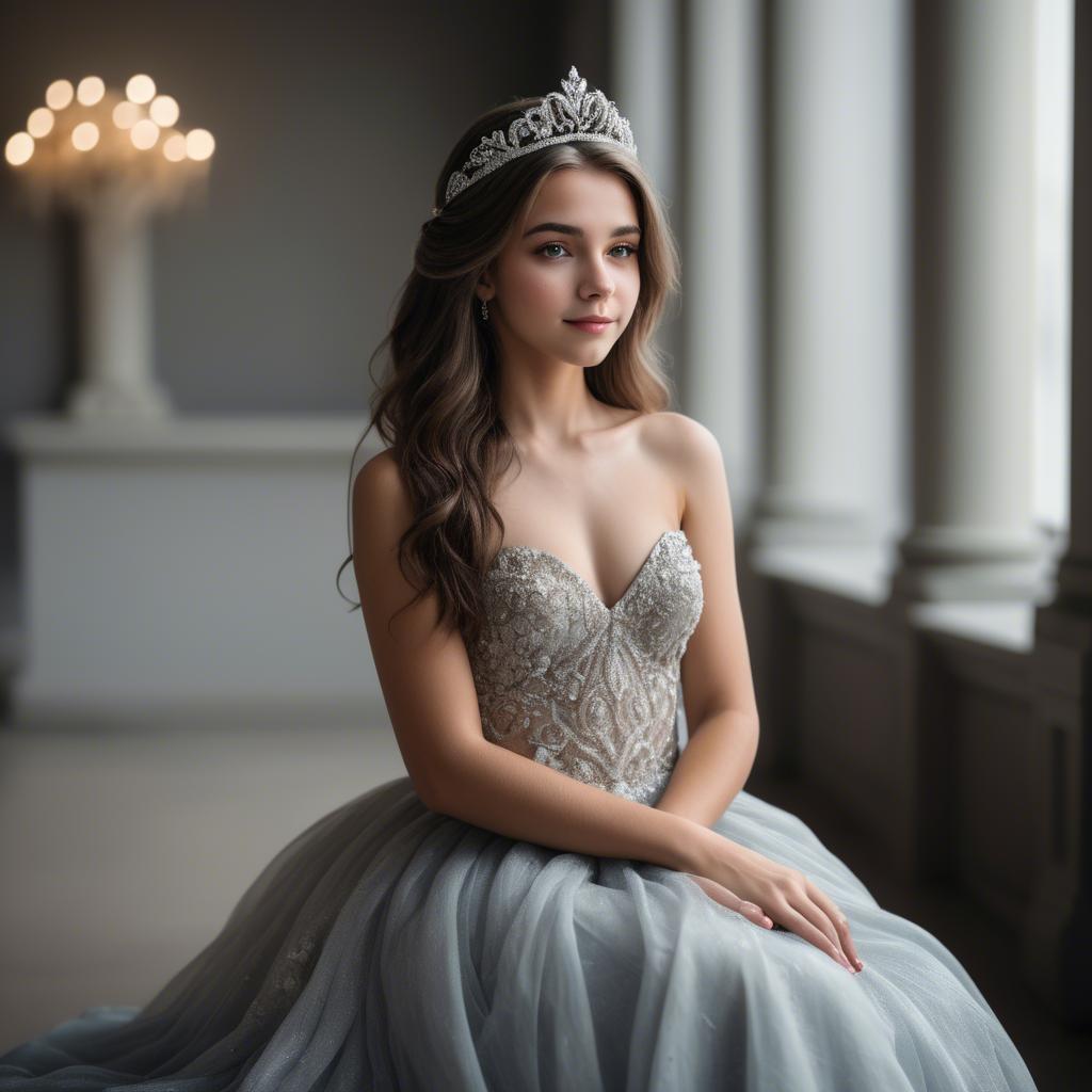 A stunning image of beautiful girl with a tiara and a flowing gown.