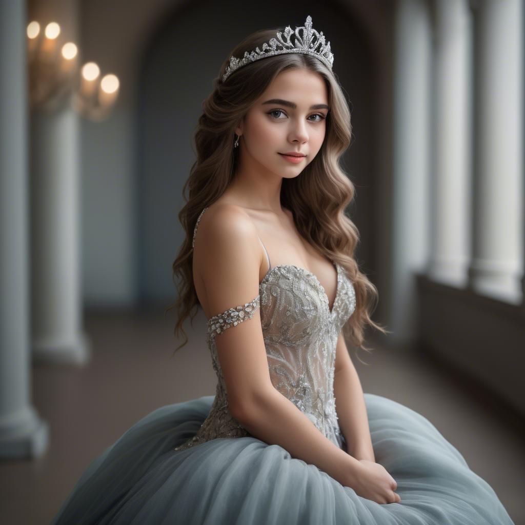 A stunning image of beautiful girl with a tiara and a flowing gown.