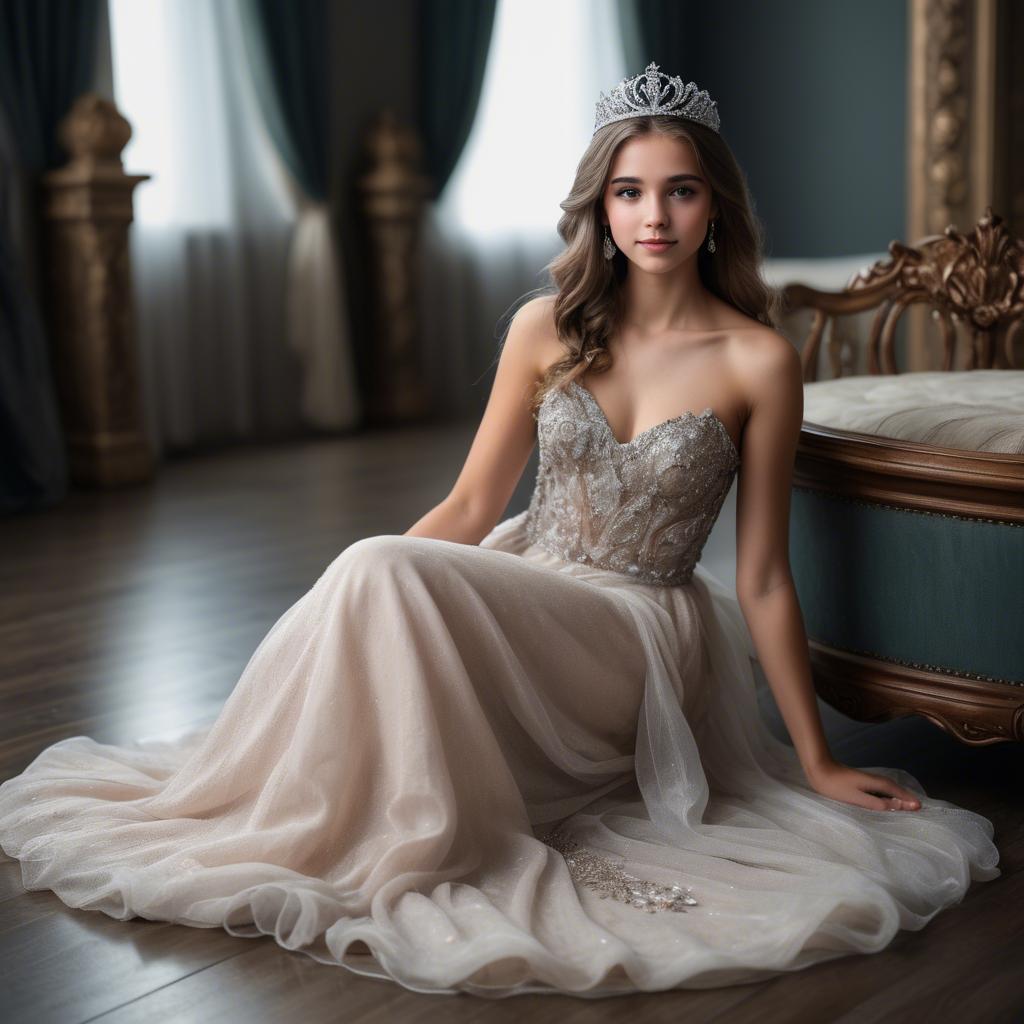 A stunning image of beautiful girl with a tiara and a flowing gown.