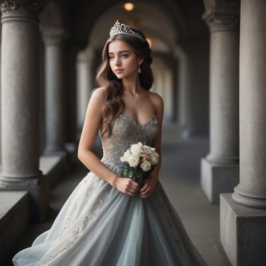 A stunning image of beautiful girl with a tiara and a flowing gown.