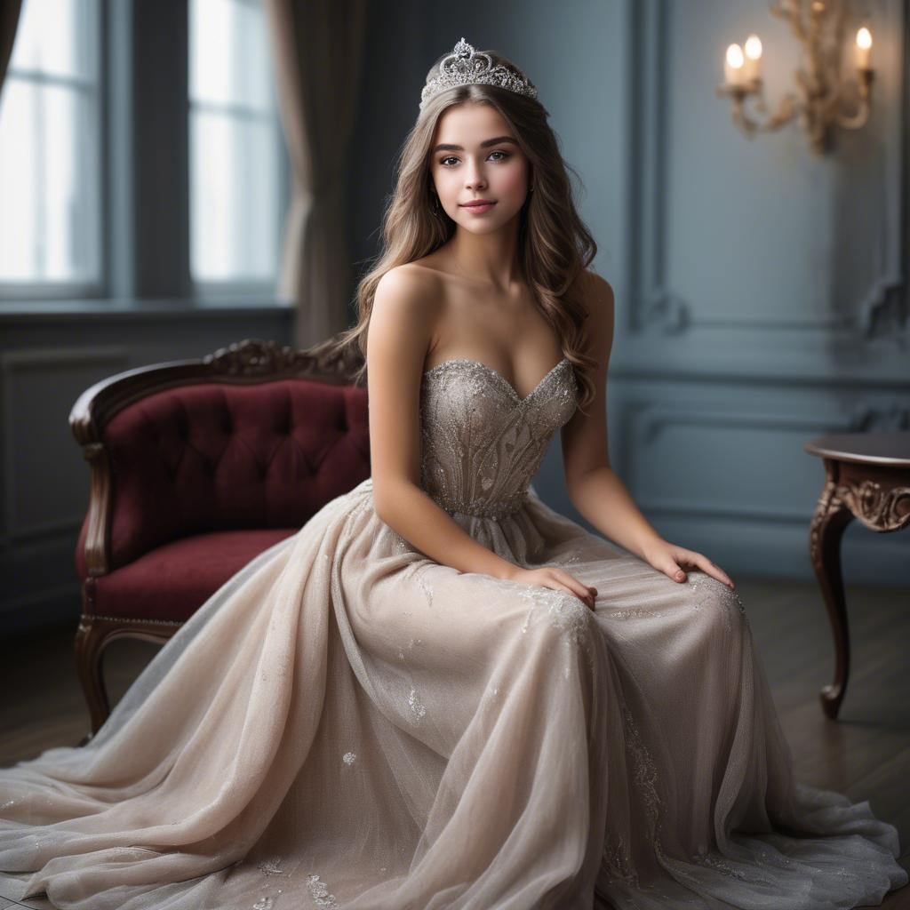 A stunning image of beautiful girl with a tiara and a flowing gown.