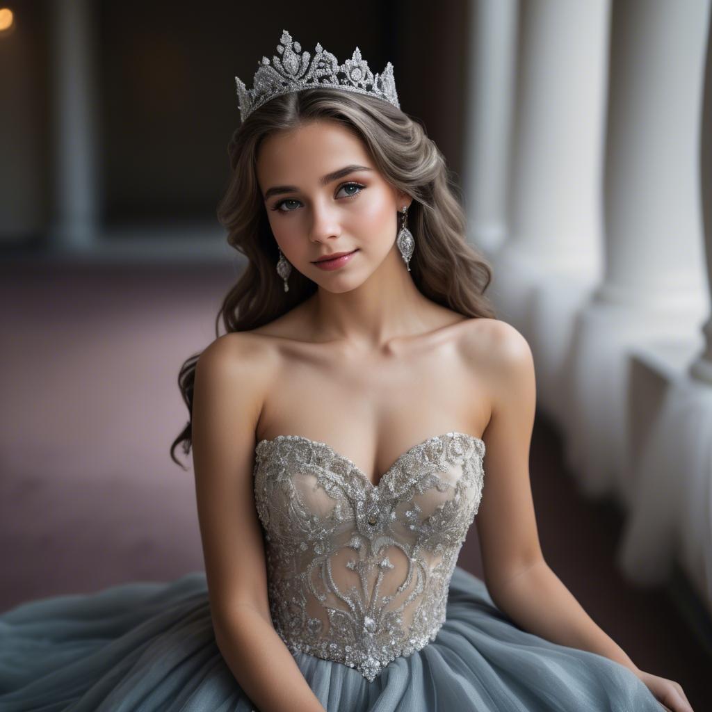 A stunning image of beautiful girl with a tiara and a flowing gown.