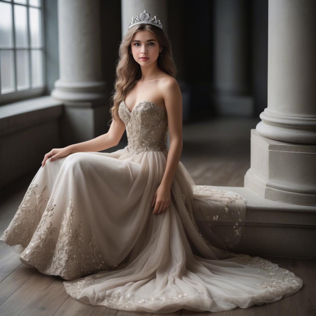 A stunning image of beautiful girl with a tiara and a flowing gown.