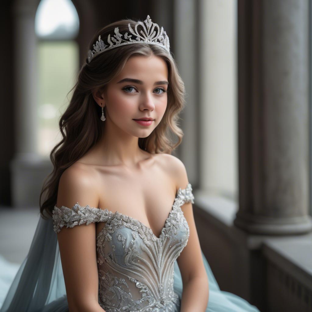A stunning image of beautiful girl with a tiara and a flowing gown.