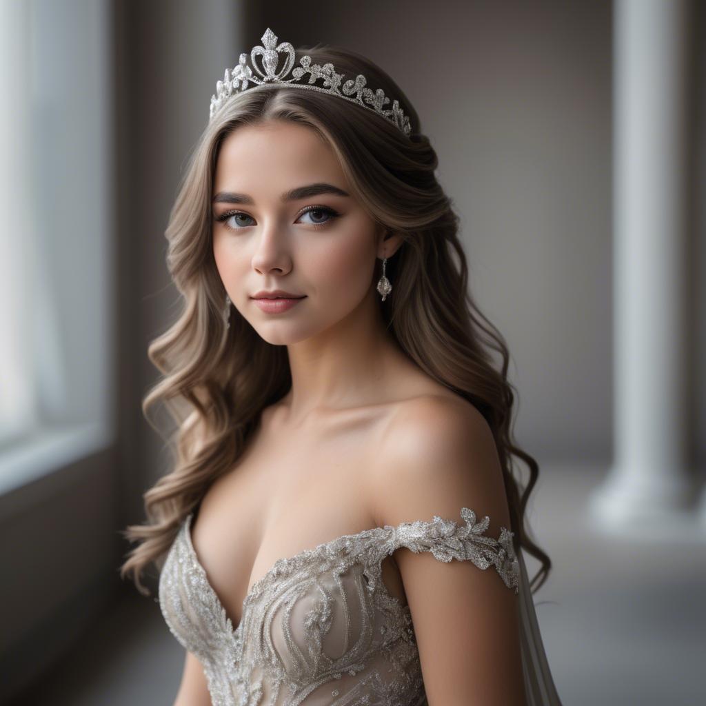 A stunning image of beautiful girl with a tiara and a flowing gown.