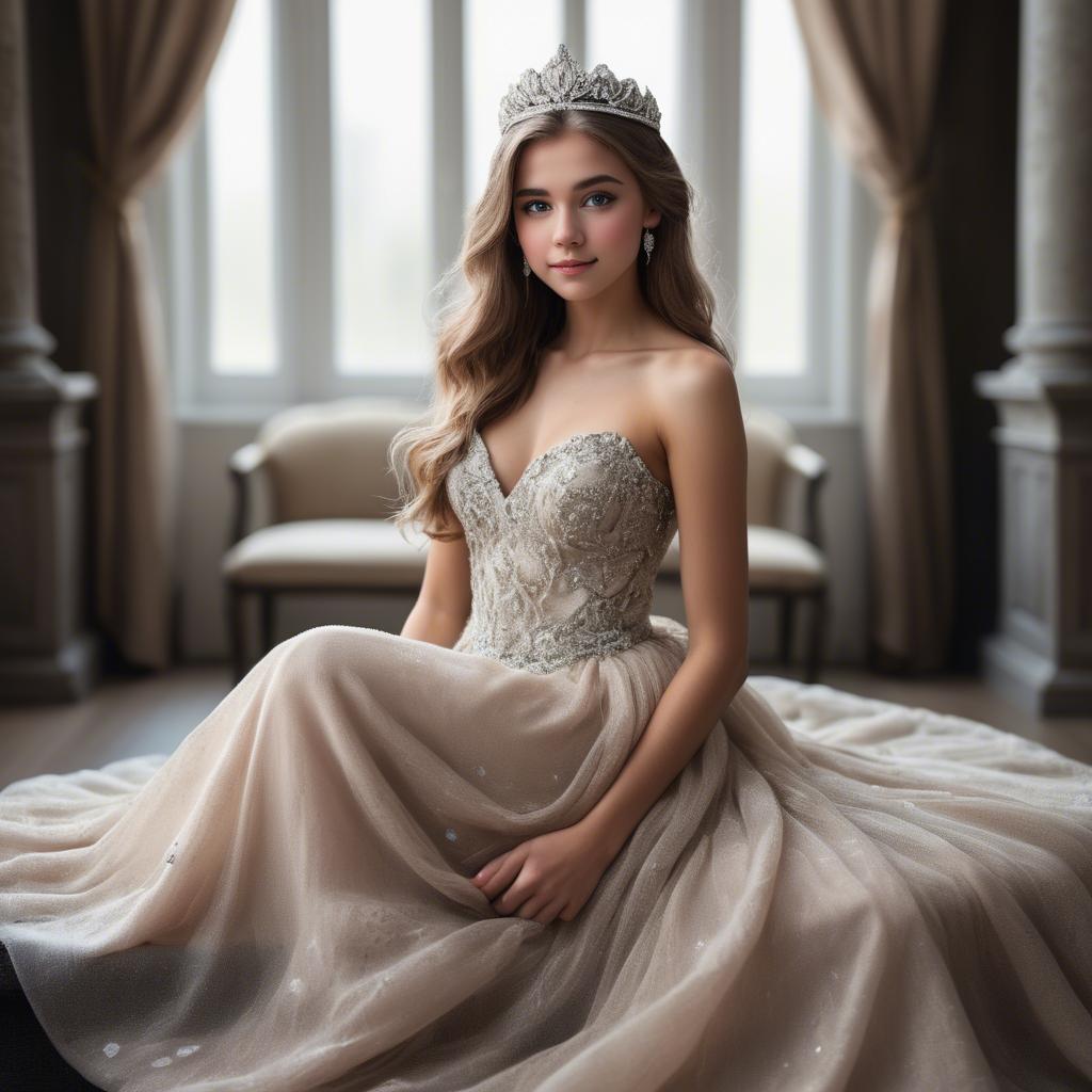 A stunning image of beautiful girl with a tiara and a flowing gown.